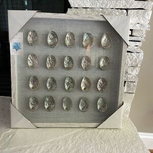 Brand new seashell wooden shadow box art. Linen background, back hook to hang